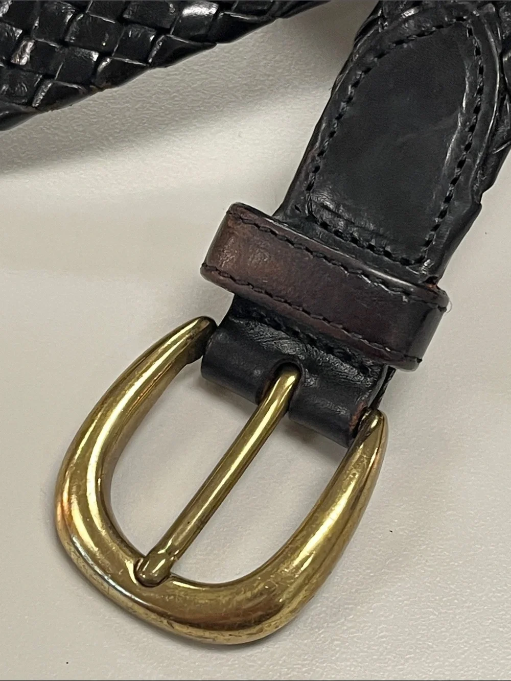 Source Unknown Black Woven Leather Belt with Brass Buckle